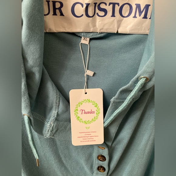 V-neck Hoodie Long Sleeve Tunic Button Down Drawstring Henley Sweatshirt Blouse - Picture 4 of 6